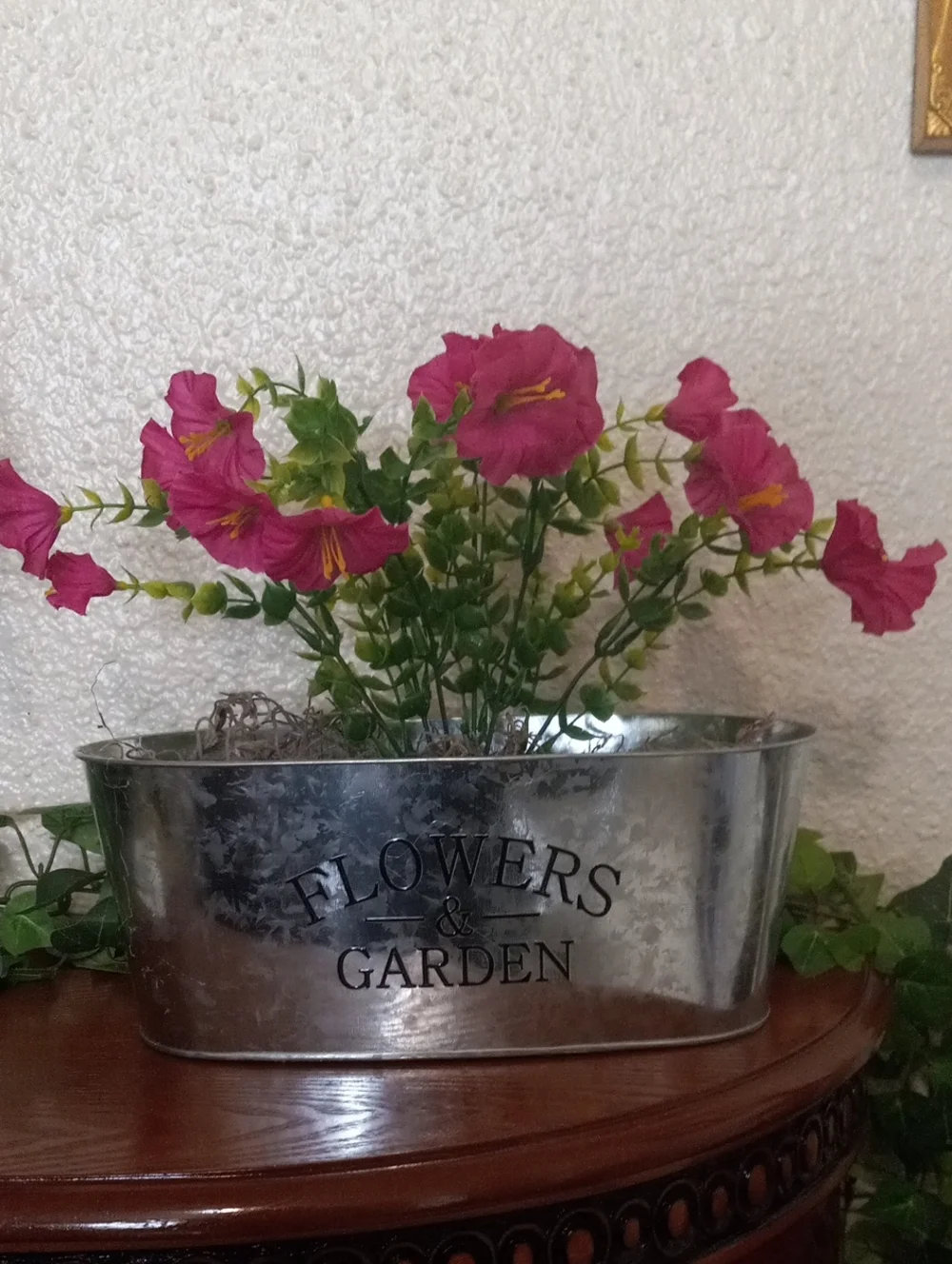 Pink Artificial Flower Arrangement in Metal 'Flowers & Garden' Planter